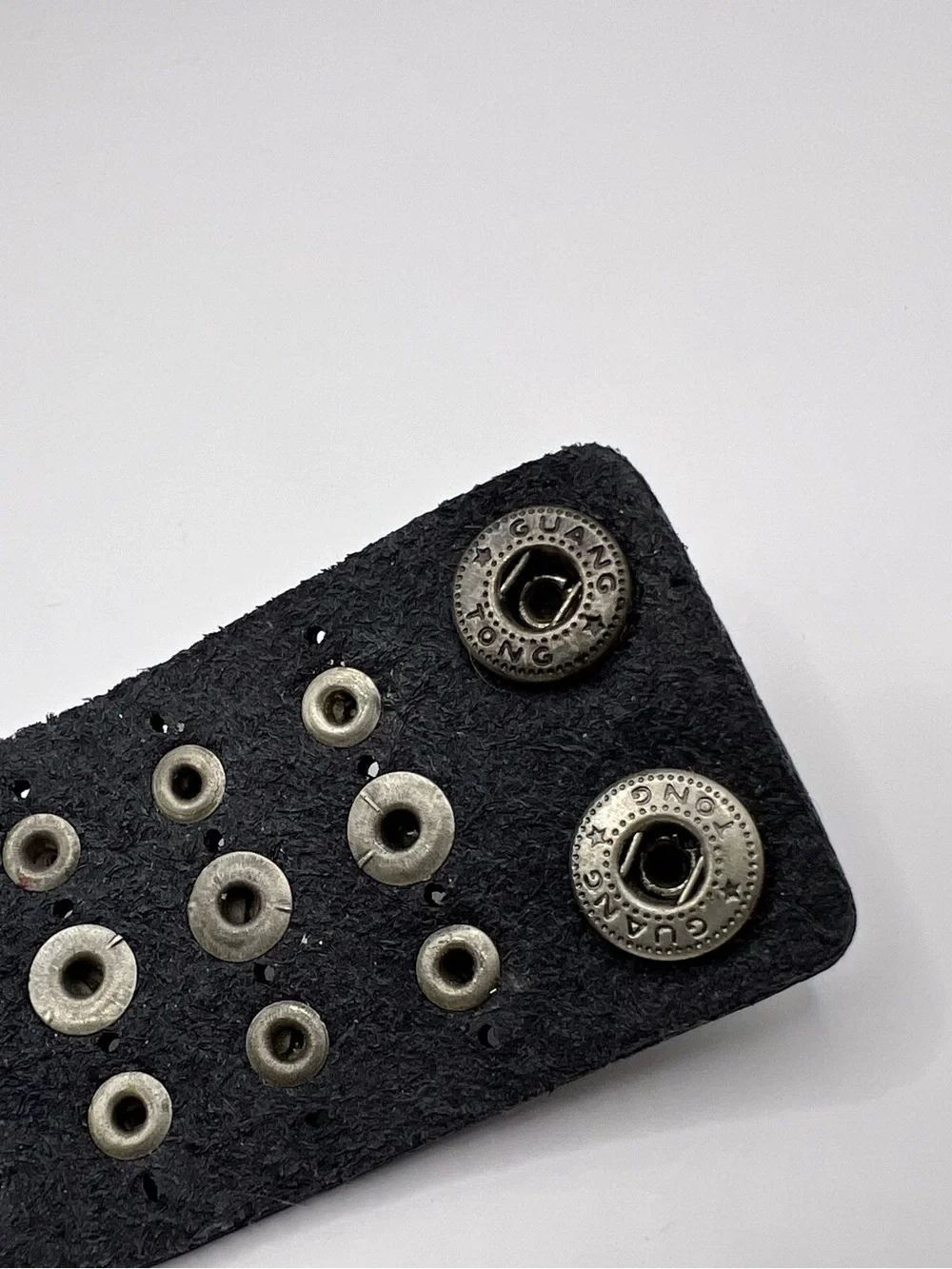 Guang Tong Studded Black Leather Cuff Bracelet Triple Row Snap Wristband